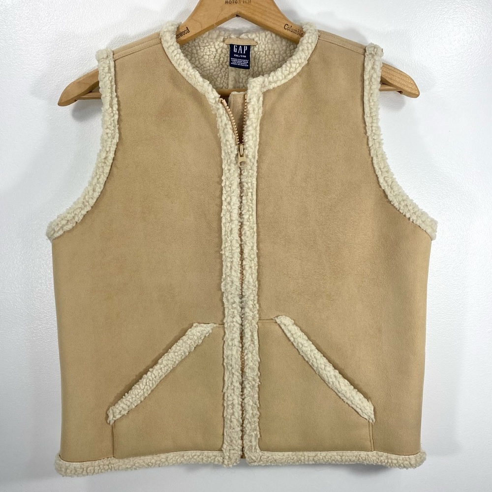 Vintage Gap Tan Faux Suede Sherpa Lined Zip Front Vest with Pockets XXL